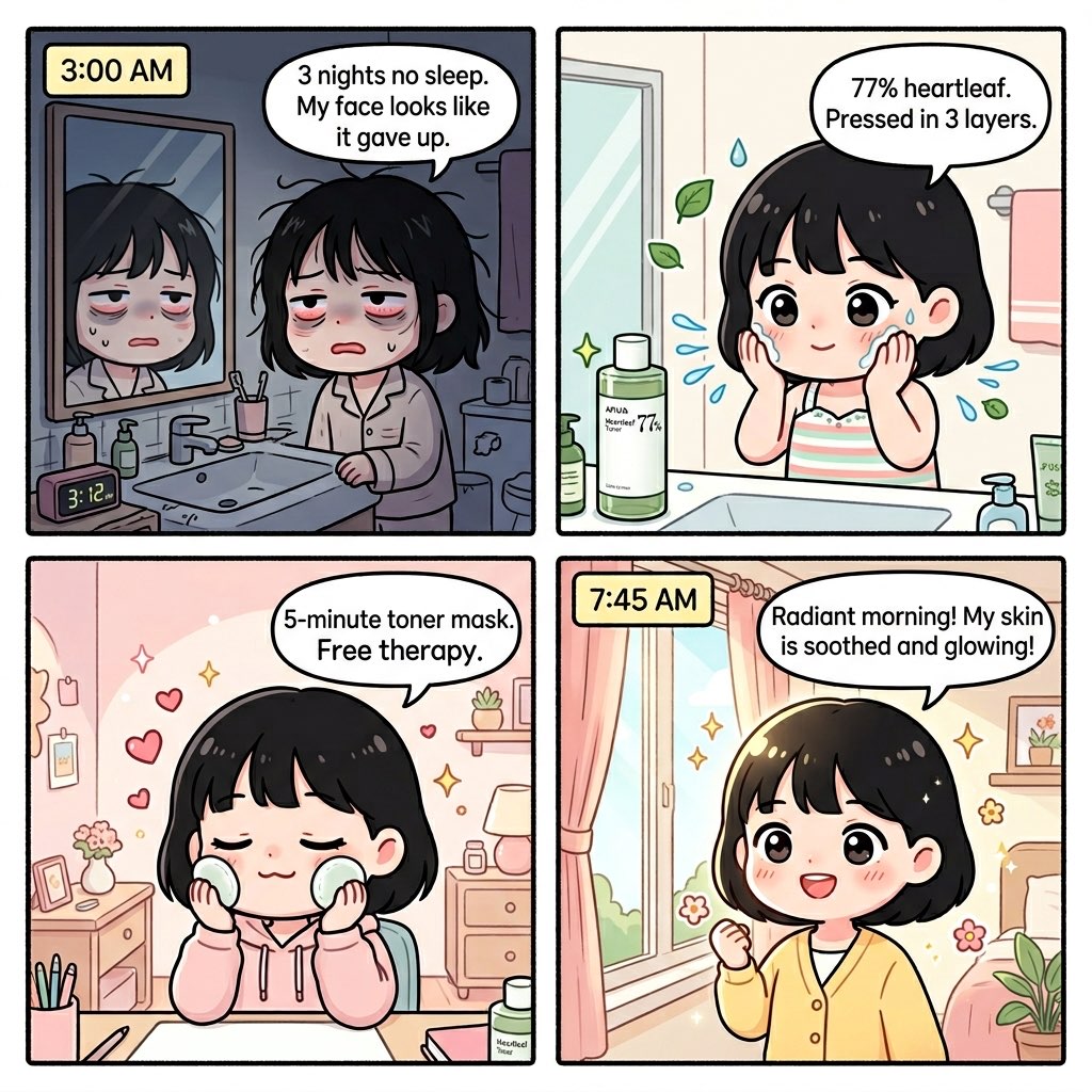 Minji comic: 3am stressed skin saved by ANUA Heartleaf 77 soothing toner