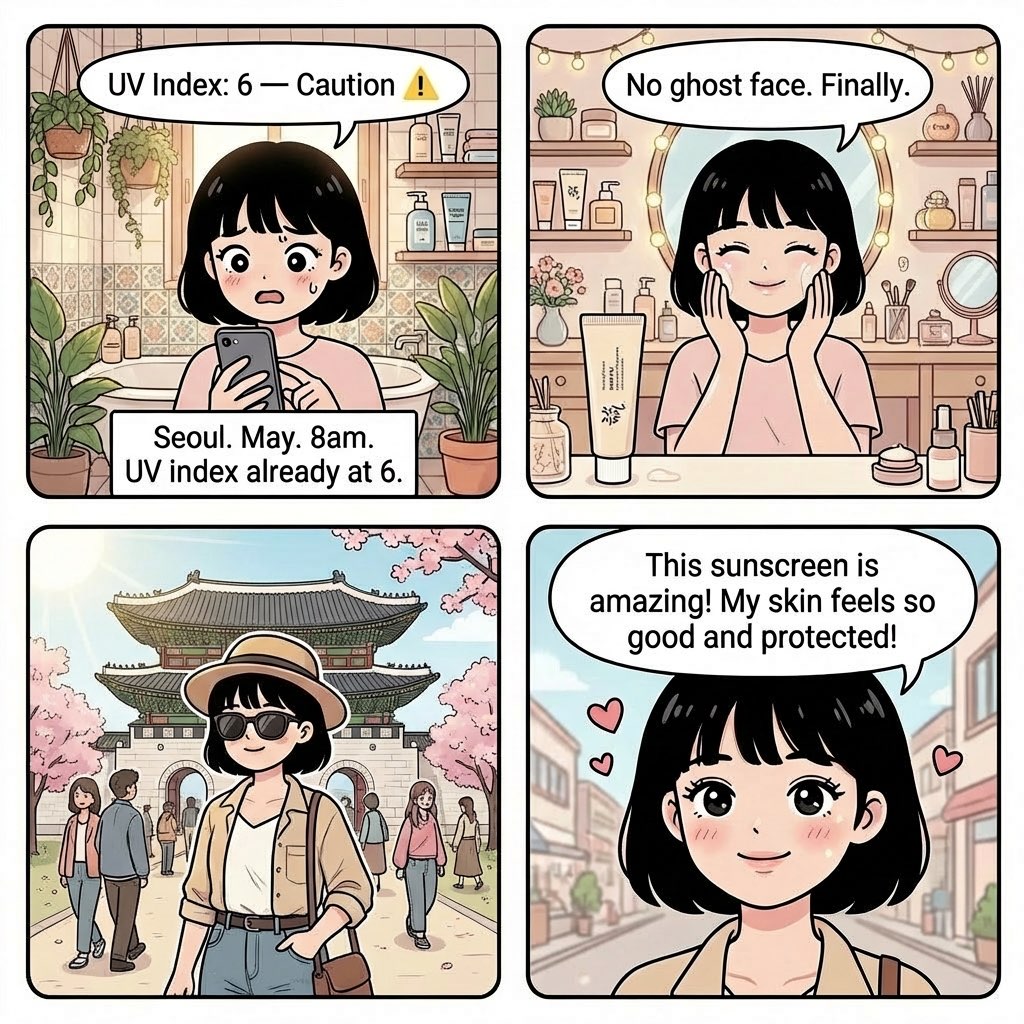 Beauty of Joseon Relief Sun Seoul morning UV index routine comic — UV caution, no ghost face, Gyeongbokgung outdoor, all day glow