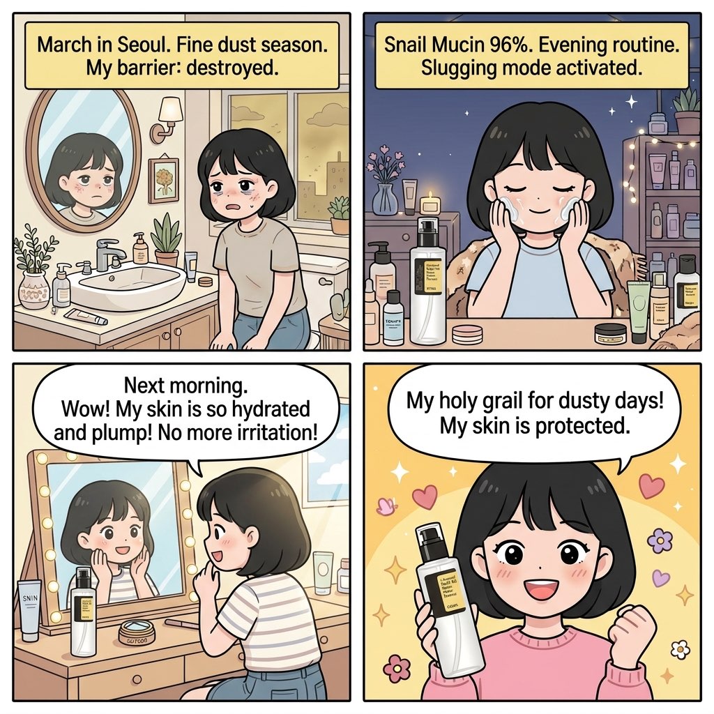 Minji comic: COSRX snail mucin slugging mode for Seoul fine dust season