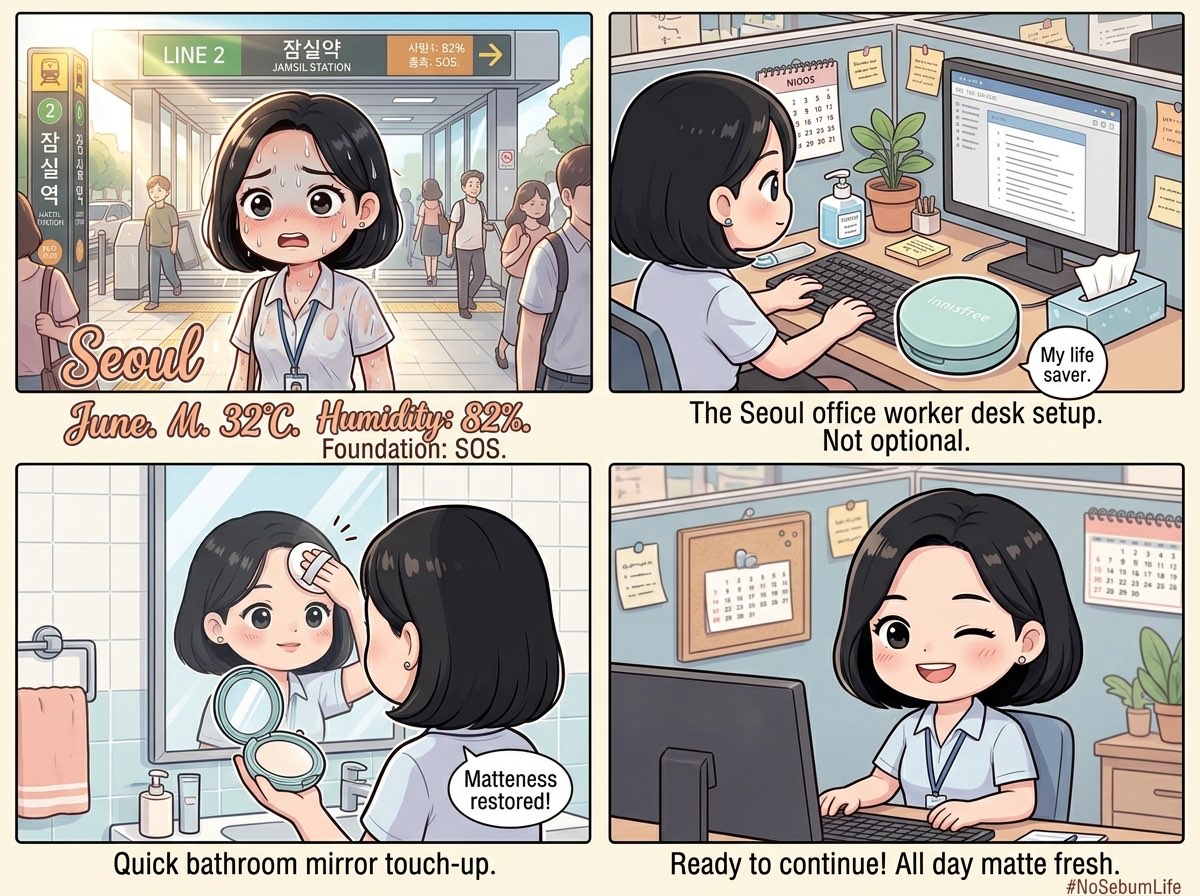 Innisfree No-Sebum Mineral Powder Seoul summer review — Jamsil Station heat, office desk essential, bathroom touch-up, all-day matte result