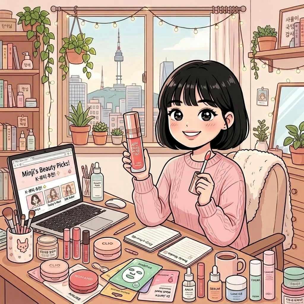 Minji at her Seoul desk surrounded by K-beauty products with N Seoul Tower view