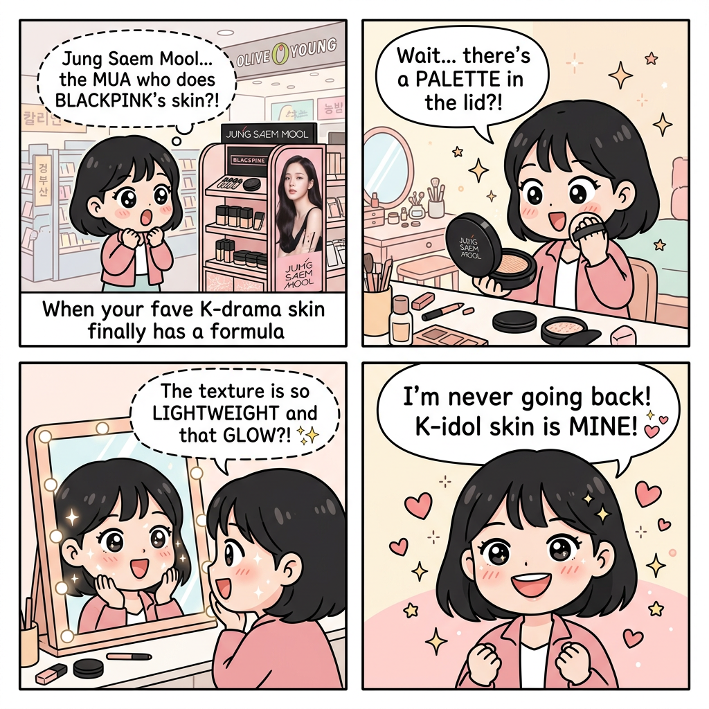 Minji webtoon comic reviewing Jung Saem Mool cushion at Olive Young Seoul
