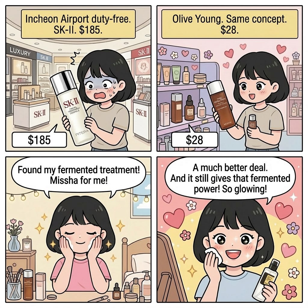 Minji comic: Incheon Airport SK-II price shock → Olive Young Missha → palm-press application → smoother makeup result