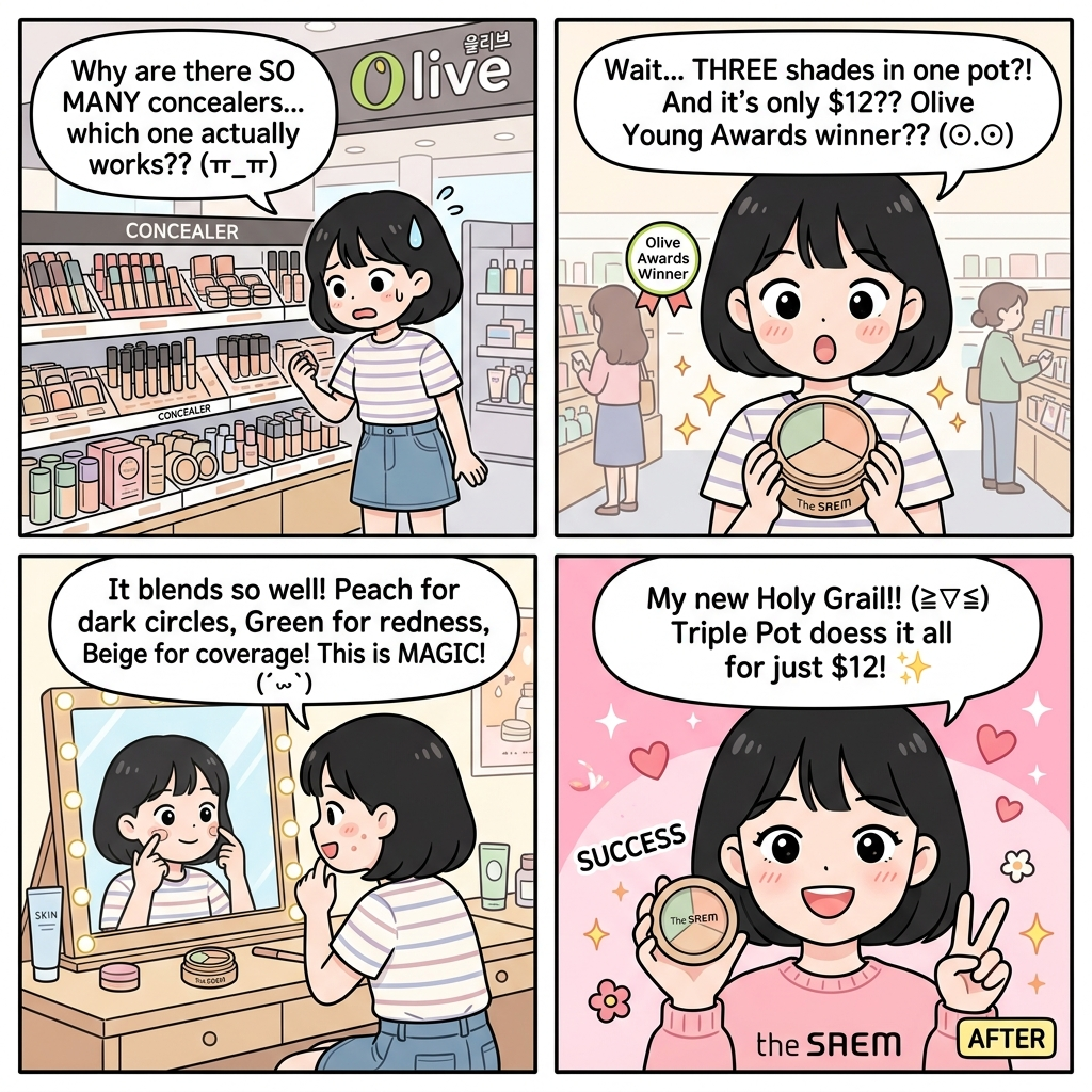 Minji discovers The Saem Cover Perfection Triple Pot Concealer at Olive Young
