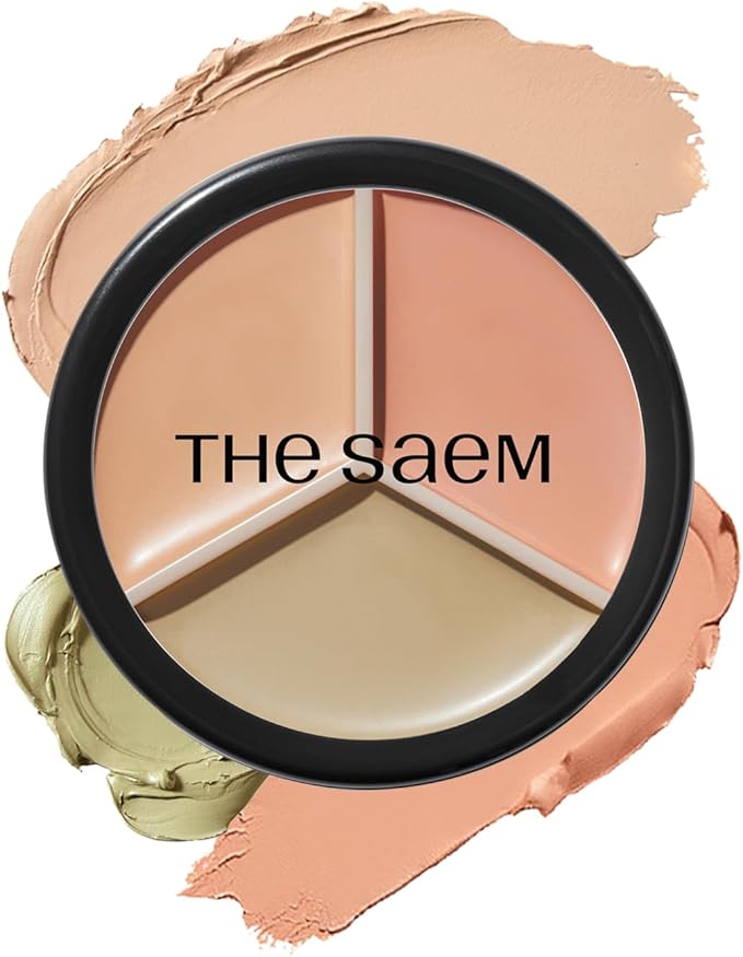 The Saem Cover Perfection Triple Pot Concealer showing three color-correcting shades: peach, green, and beige