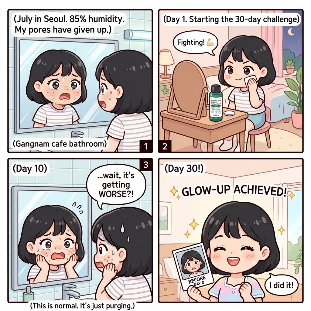 Minji comic: 30-day Some By Mi AHA BHA PHA toner challenge — purging to glow-up